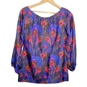 Britt Ryan Womens Blue Multicolor Silk Feather Print Blouse